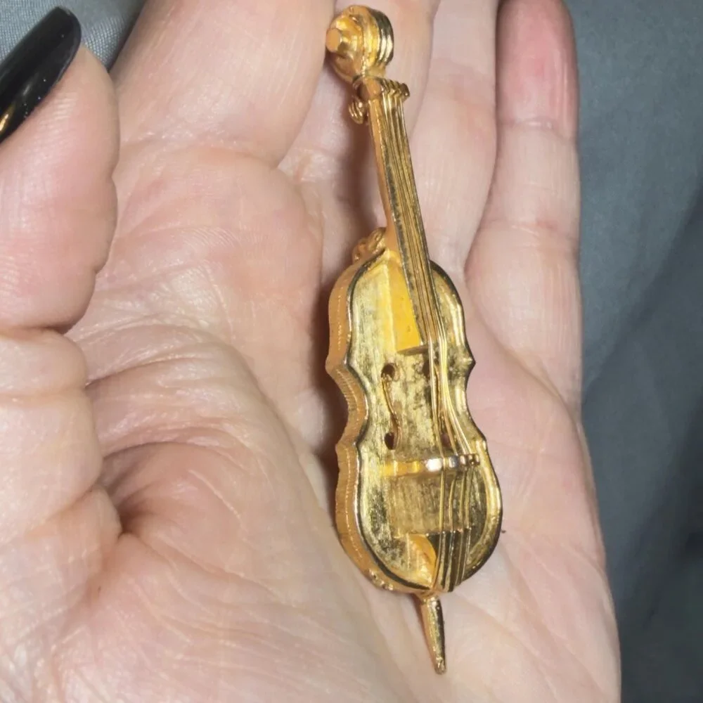 Violin Brooch Gold Tone Musical Instrument Pin Vintage 3